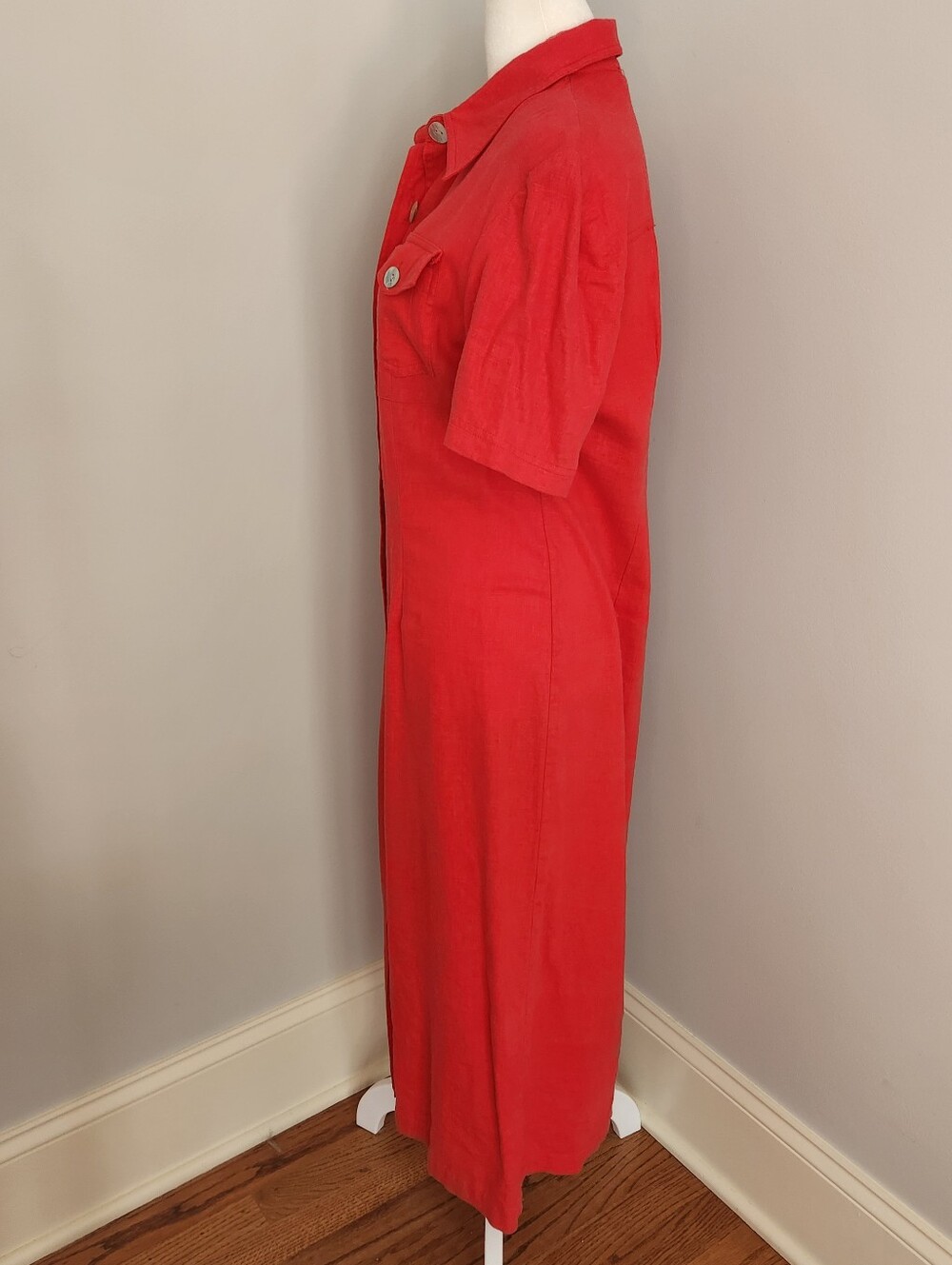 100 % Linen Button-Front Midi Shirt Dress in Red M - Picture 4 of 7